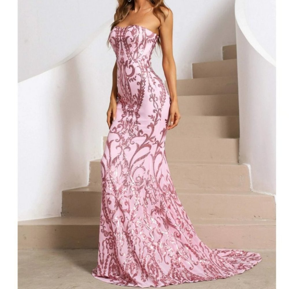 Formal Sequin detail Maxi Dress with train Pink - Picture 2 of 15
